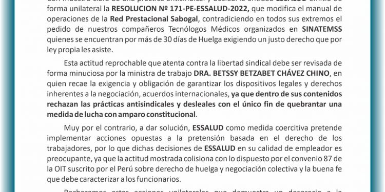 PRONUNCIAMIENTO: PRACTICA DESEAL Y ANTISINDICAL DE ESSALUD