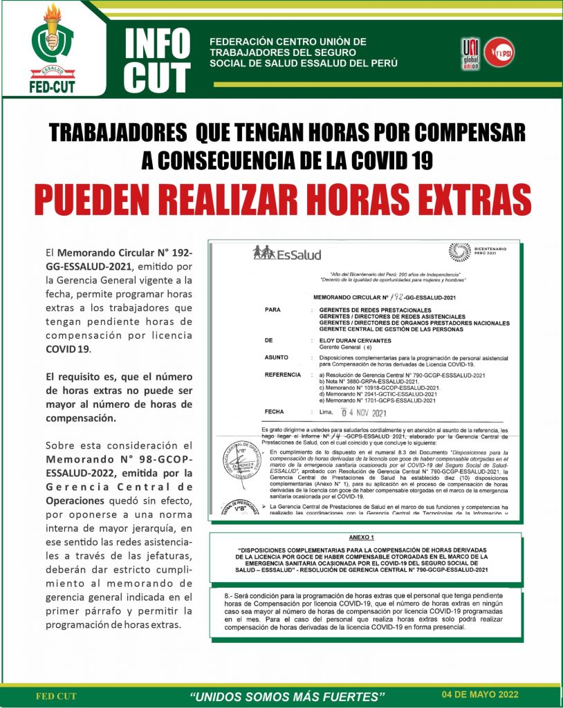 TRABAJADORES QUE TENGAN HORAS POR COMPENSAR A CONSECUENCIA DE LA COVID 19  PUEDEN REALIZAR HORAS EXTRAS - Fed-Cut | Federación Centro Unión de  Trabajadores Del Seguro Social de Salud - Essalud del Perú